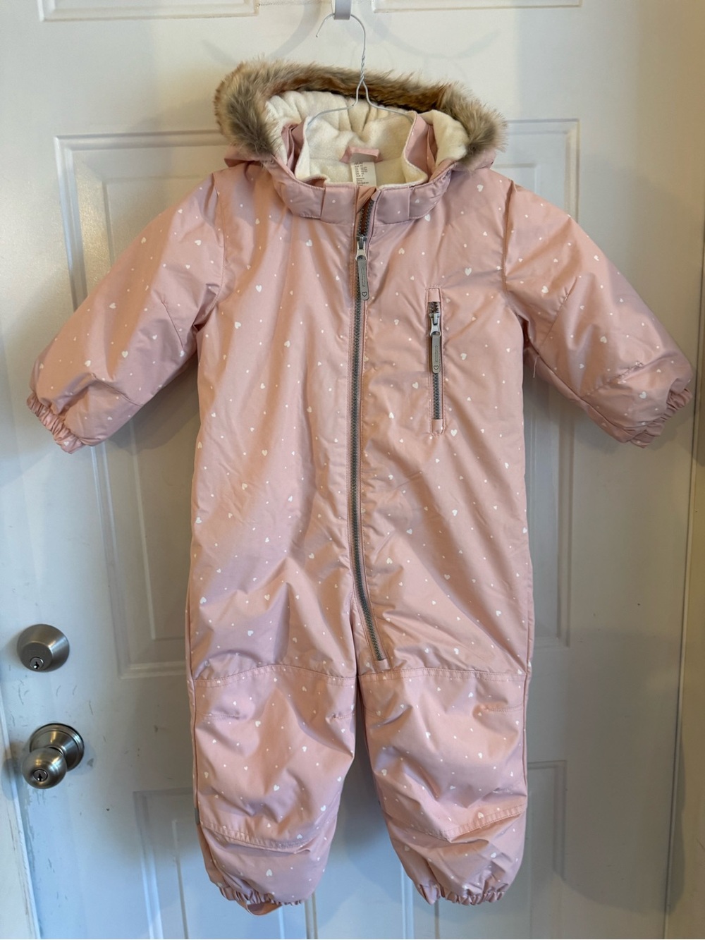 H&M Pink Heart Toddler Snow One-Piece Snowsuit with Faux Fur Hood. NWOT